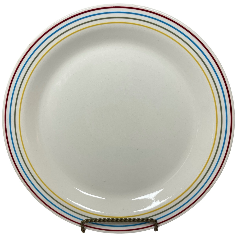Royal China Aurora Dinner Plate White Red Yellow Blue Stripes Vintage MCM‎ 10in